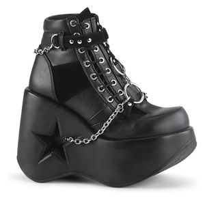 Demonia black vegan leather platform boots with chain and star cut out. Size 6